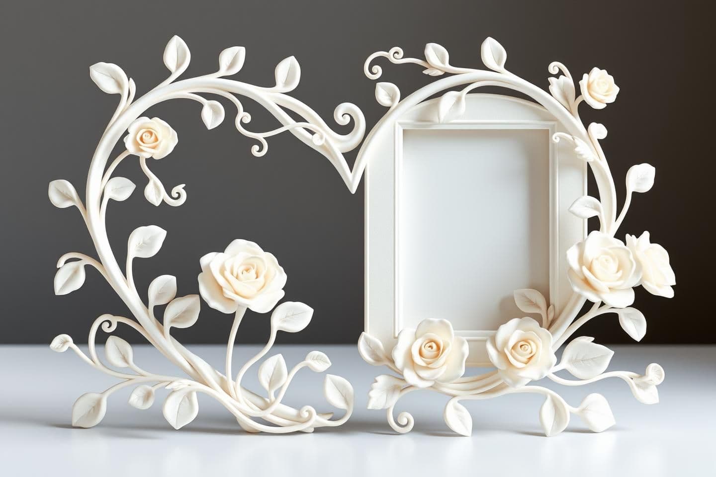 AI generated: Well structured Heart shape and A beautiful 3D printed photo frame with flowing organic vines and delicate roses, art nouveau style, seamless continuous design, matte white PLA mat