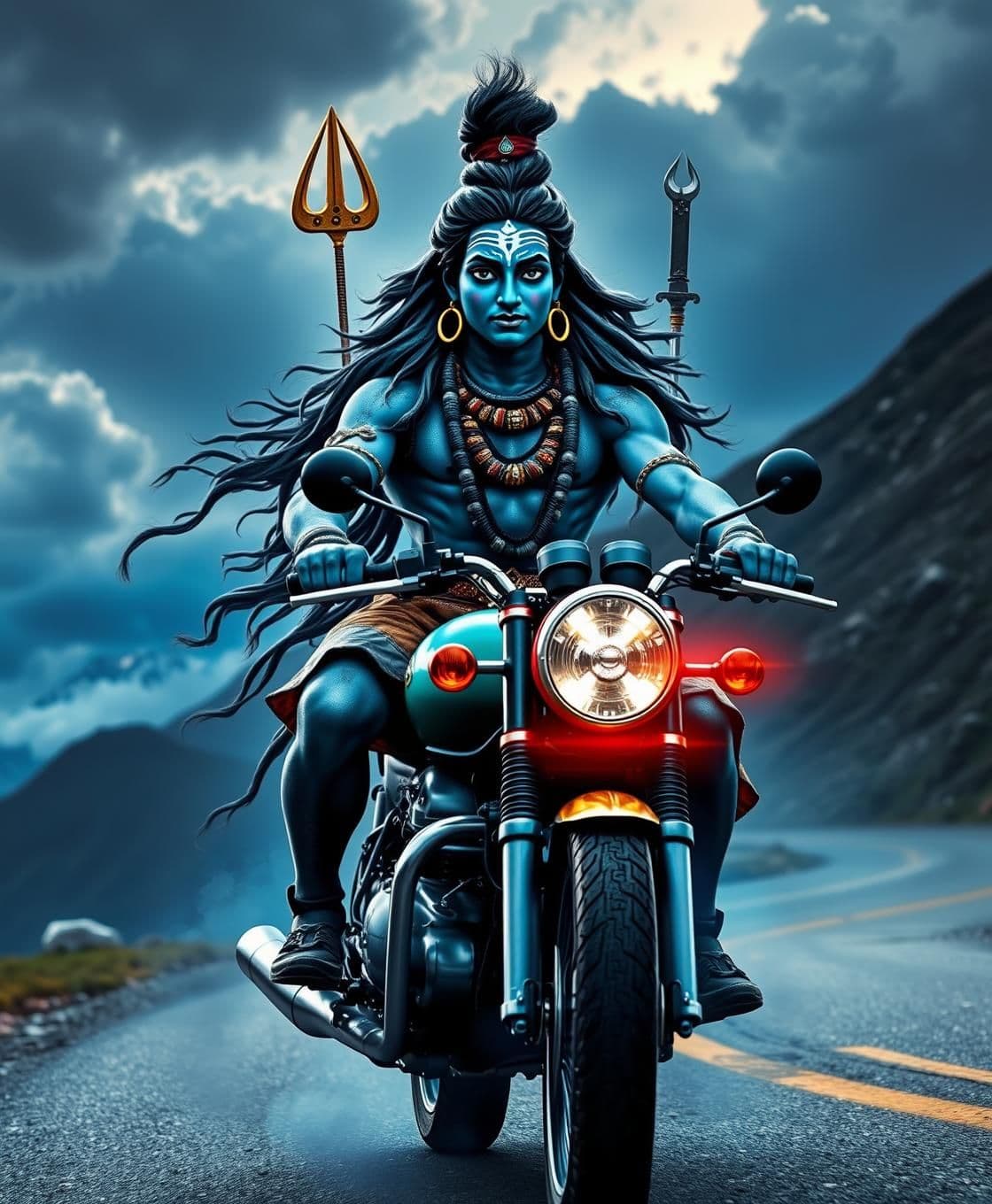 AI generated: Lord Shiva (Mahadev) riding a Royal Enfield Bullet motorcycle, divine and powerful appearance, ash-smeared body, long flowing hair, crescent moon on head, glowing third eye, blue t