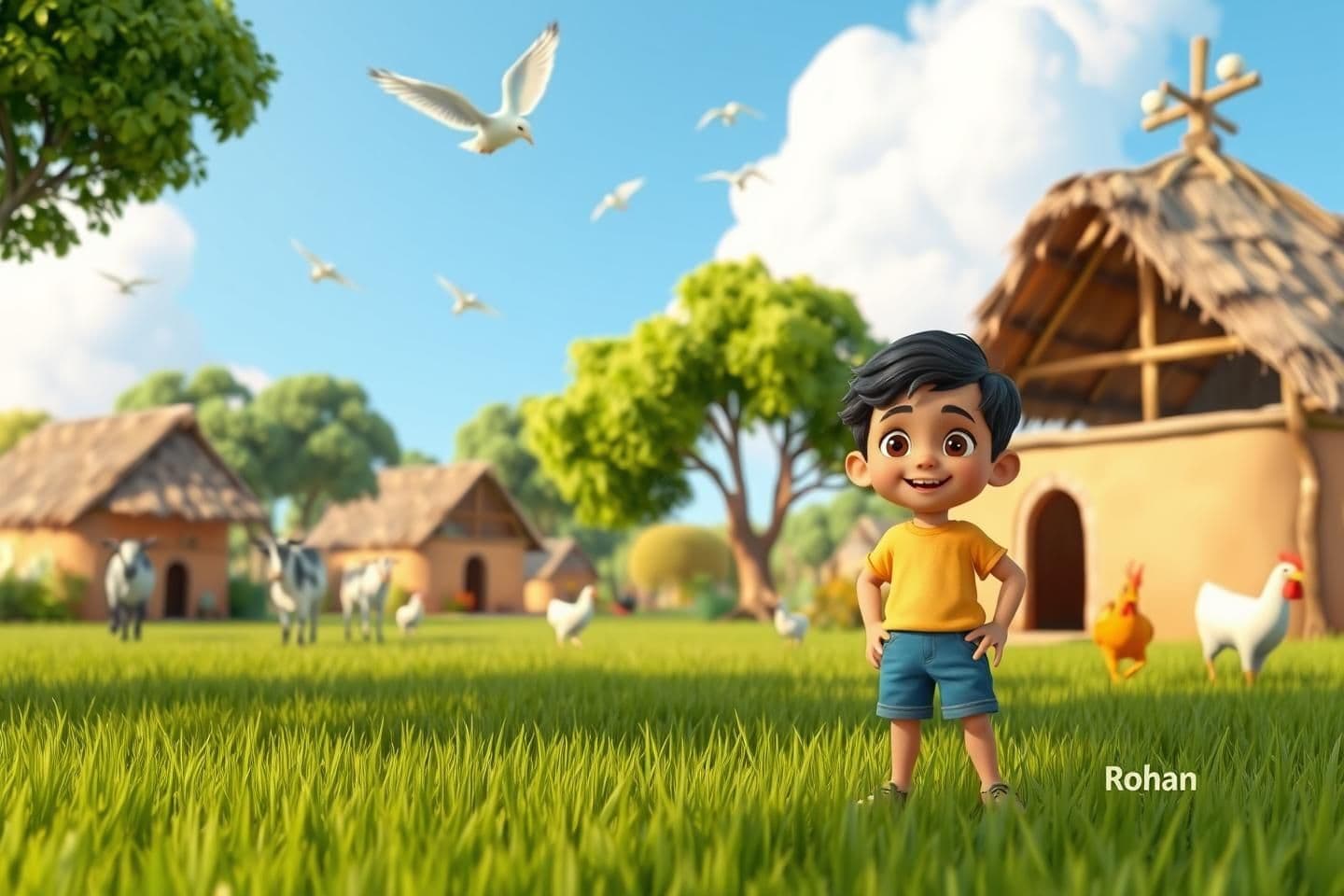 AI generated: A bright and colorful 3D cartoon village scene. A cute 7-year-old boy named Rohan standing happily in the middle of the field. He is playful, kind, and looks a little mischievous.