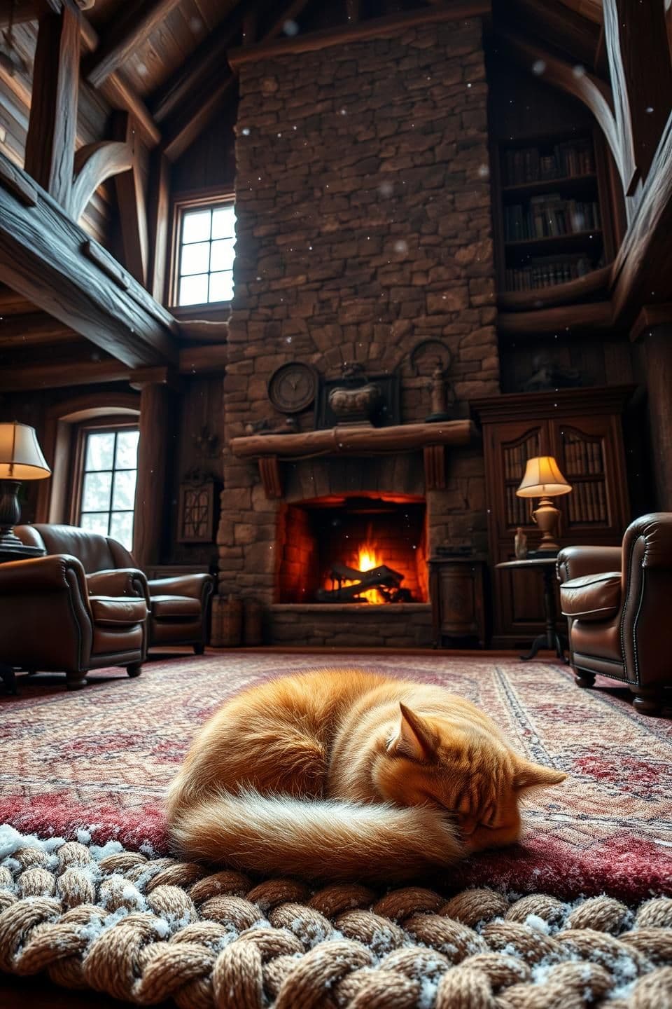 AI generated: Old Classy Living Room, Interior (Cat Detail): A spacious, rustic great room interior with exposed, rough-hewn wooden beams and a towering stone fireplace. The focus is on the floo