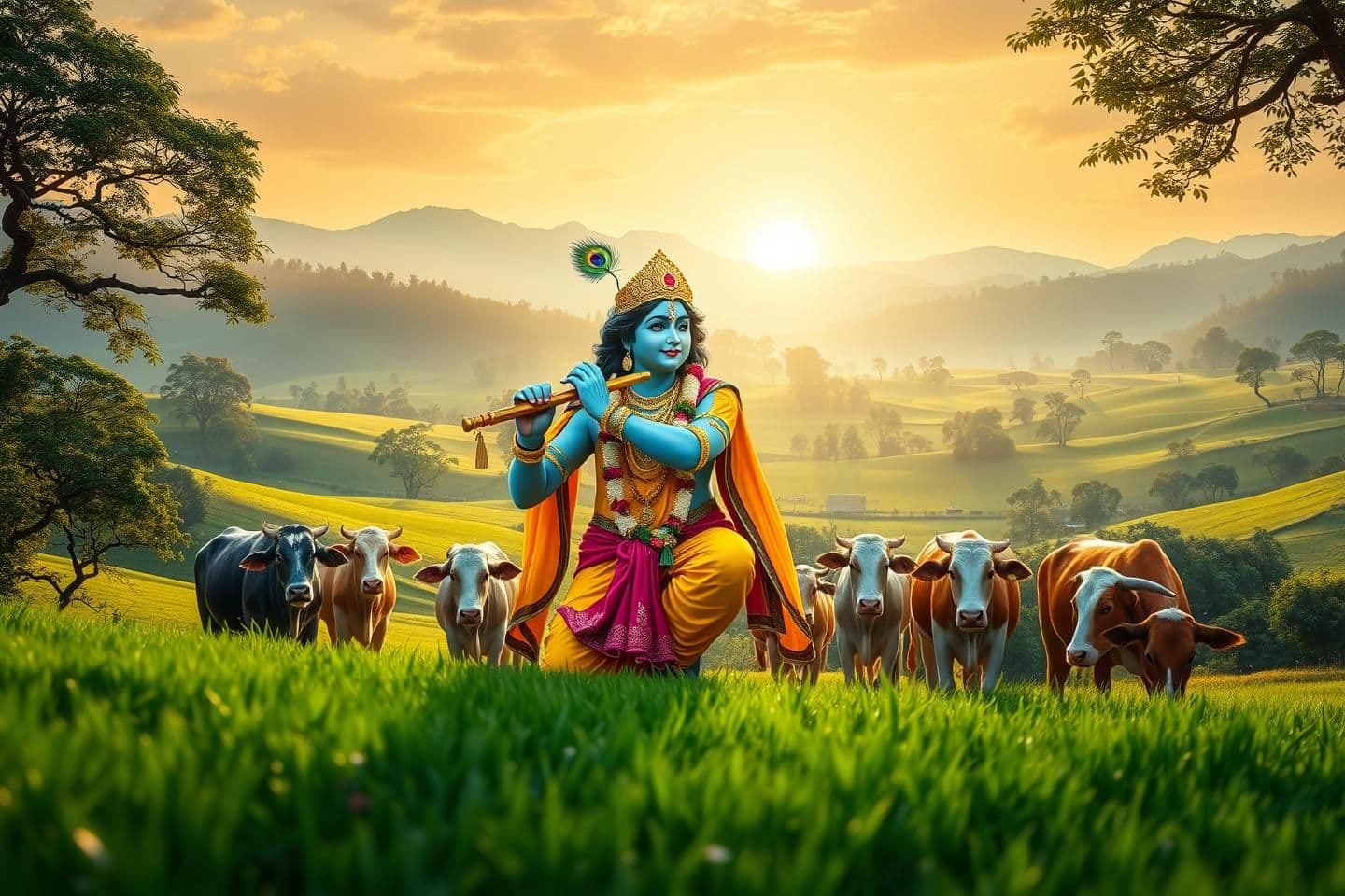 AI generated: IMPORTANT: Generate with all text in GU script only. In the light of sunrise, the green valleys of Gokul, green fields, green trees around, sweet atmosphere. In the middle, Lord Sh