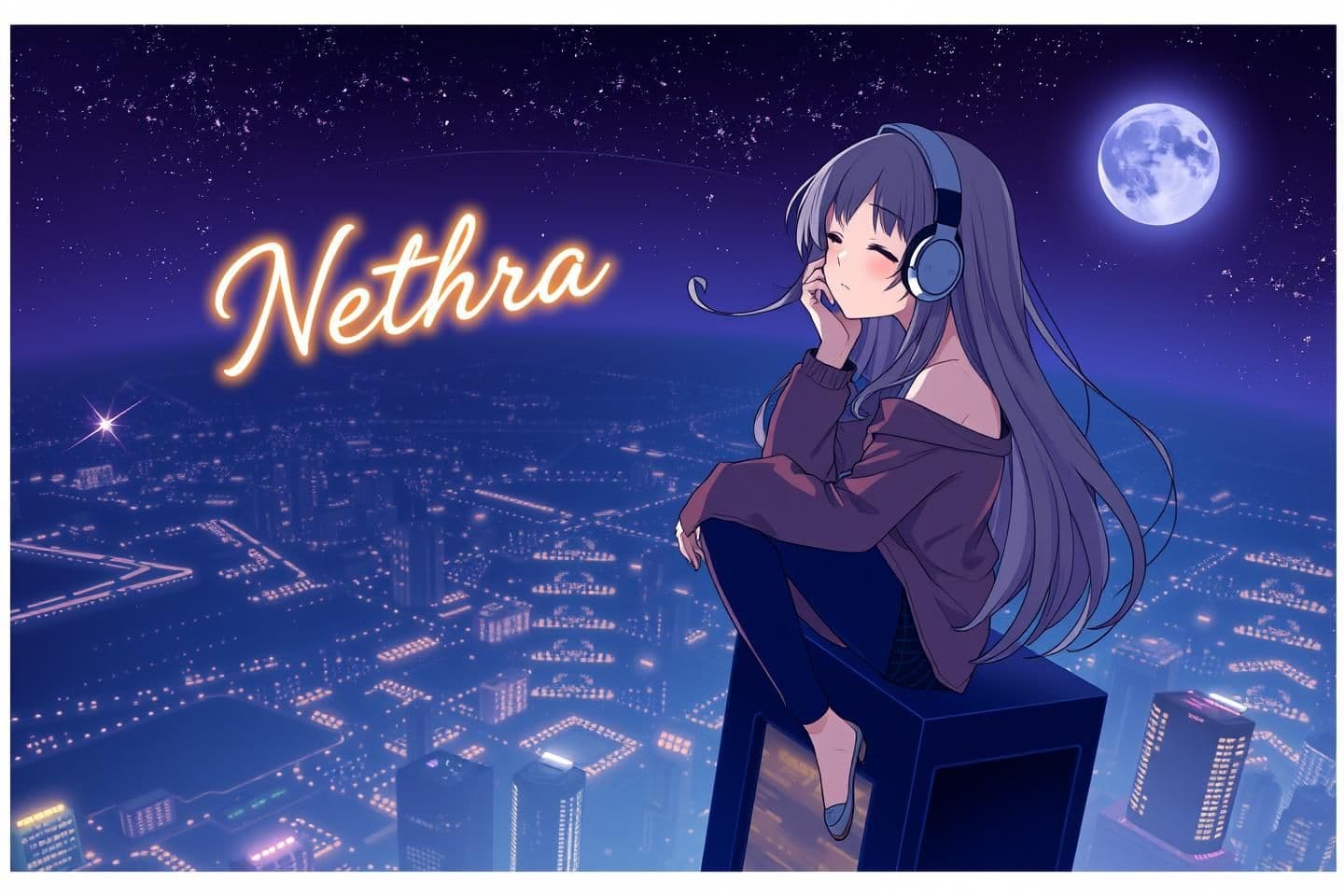 AI generated: Description :
An anime-style girl witg soft, flowing hair sitting gracefully on the edge of the highest skyscraper at night. She's wearing large, modern headphones, lost in mus