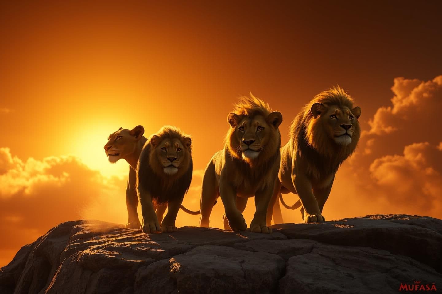 AI generated: Photorealistic cinematic scene in Mufasa: The Lion King (2024) style. Four lion brothers—Scarface (distinct scar on right eye), Hunter, Morani, and Sikio—walk in slow motion up a r