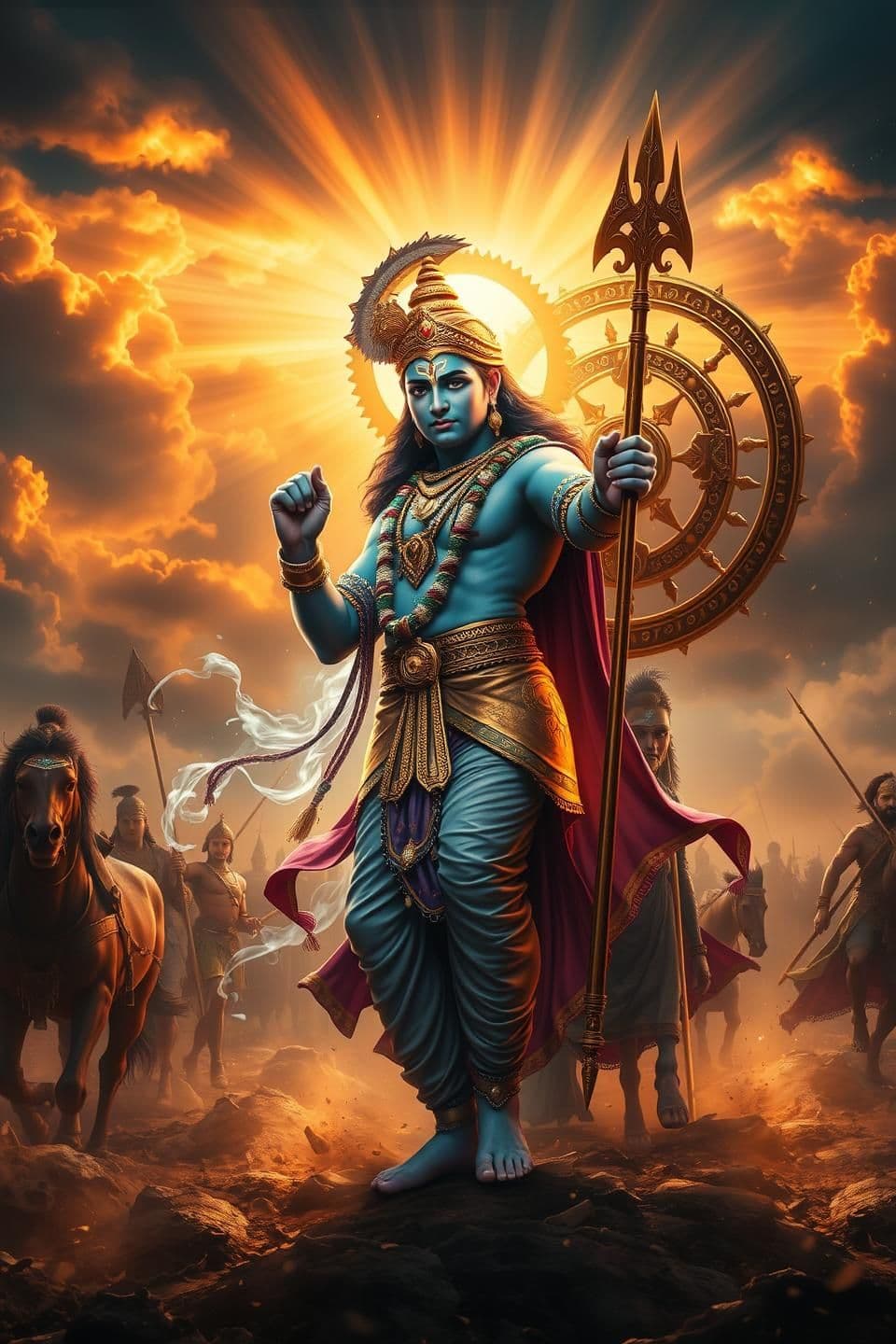 AI generated: “Epic digital artwork of Lord Krishna as the charioteer of Arjuna, standing on the battlefield of Kurukshetra, Sudarshan Chakra glowing behind him, dynamic energy swirling, golden
