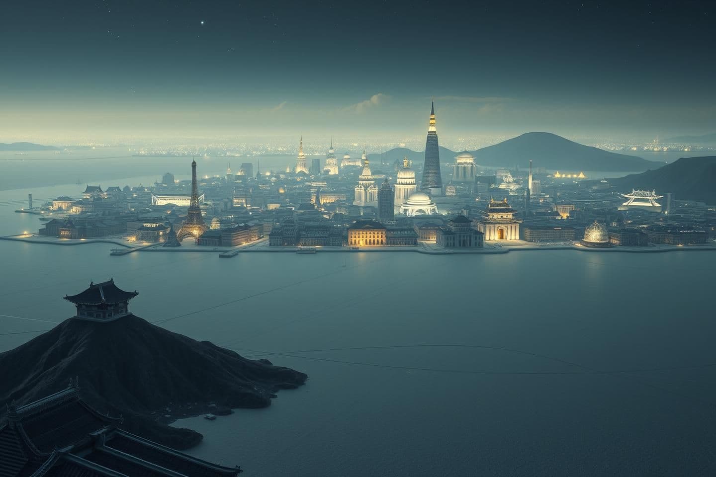 AI generated: Make a few images of a sprawling vast capital city in the middle of a vast salt flat at night. The city should have buildings that look modern and almost like ivory but should have