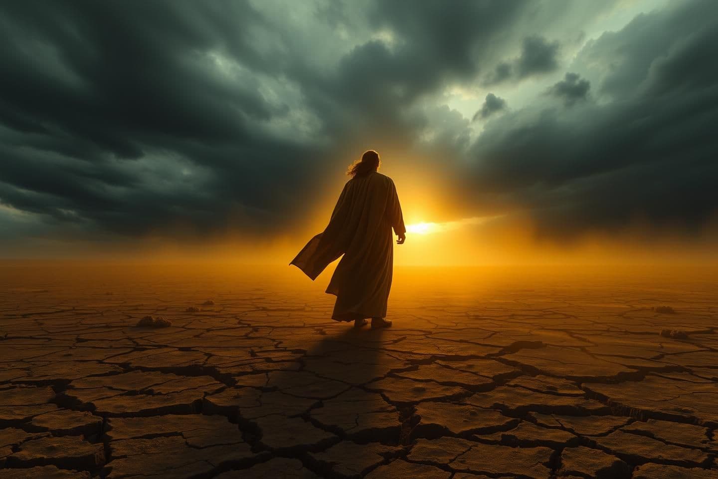 AI generated: “A vast stormy landscape before dawn. Wind sweeps across dry cracked earth. A faint golden light breaks through the dark clouds.
A majestic Yeshu-like heroic figure stands at a dis