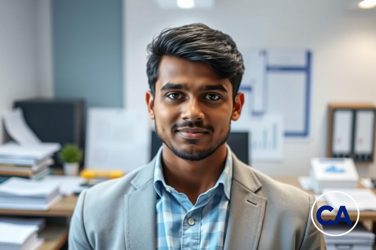 AI generated:
“A 24-year-old Indian male in a professional setting, wearing a formal light-blue or white shirt with a blazer. The background shows an auditor’s workspace with files, ledgers, s