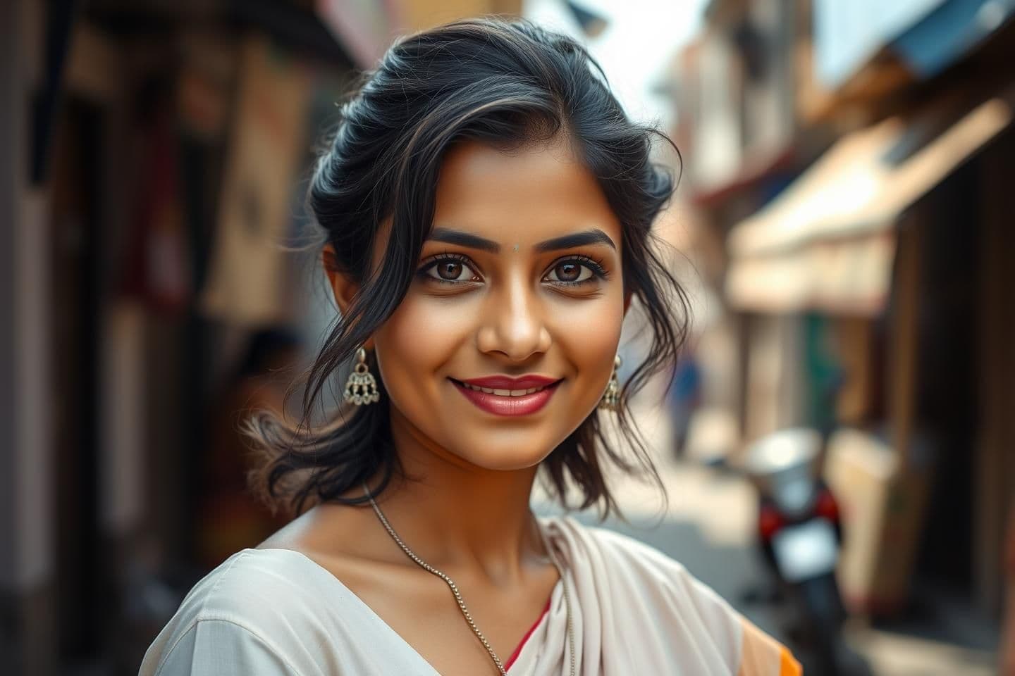 AI generated: Ultra-realistic portrait of a young Indian woman in her mid-20s, medium-length wavy hair, warm brown eyes, soft natural makeup, slight smile, looking directly at the camera. She is
