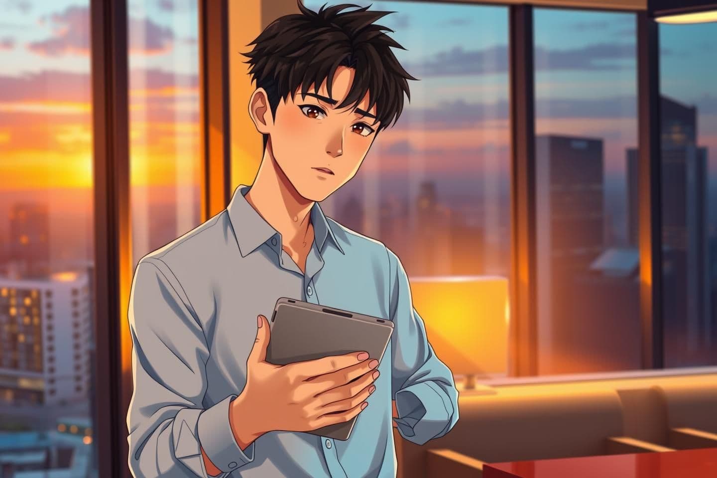 AI generated: Young Asian man early 20s, slim build, soft nervous eyes, messy dark brown hair, fair skin, shy anxious expression holding tablet to chest, light blue business shirt with rolled sl