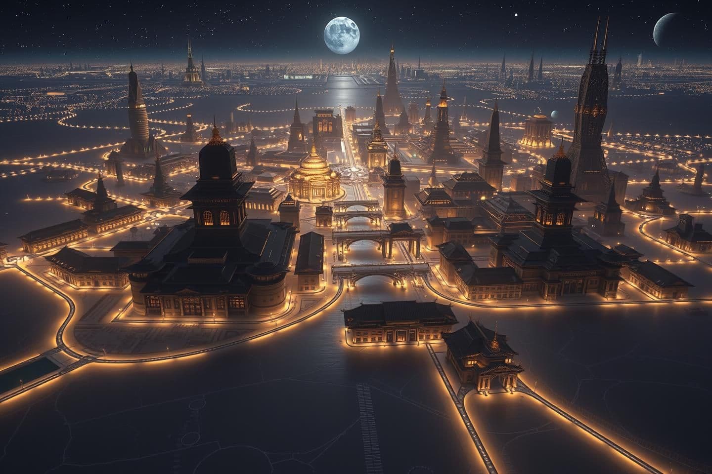 AI generated: Make a few images of a sprawling vast capital city in the middle of a vast salt flat at night. The city should have buildings that look modern and almost like ivory but should have