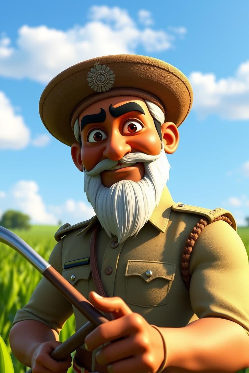 AI generated: Prompt:
A strong, muscular Indian farmer named Kisan Singham working in a lush green field under a clear blue sky with few clouds. He wears a traditional “Singham-style” police-in