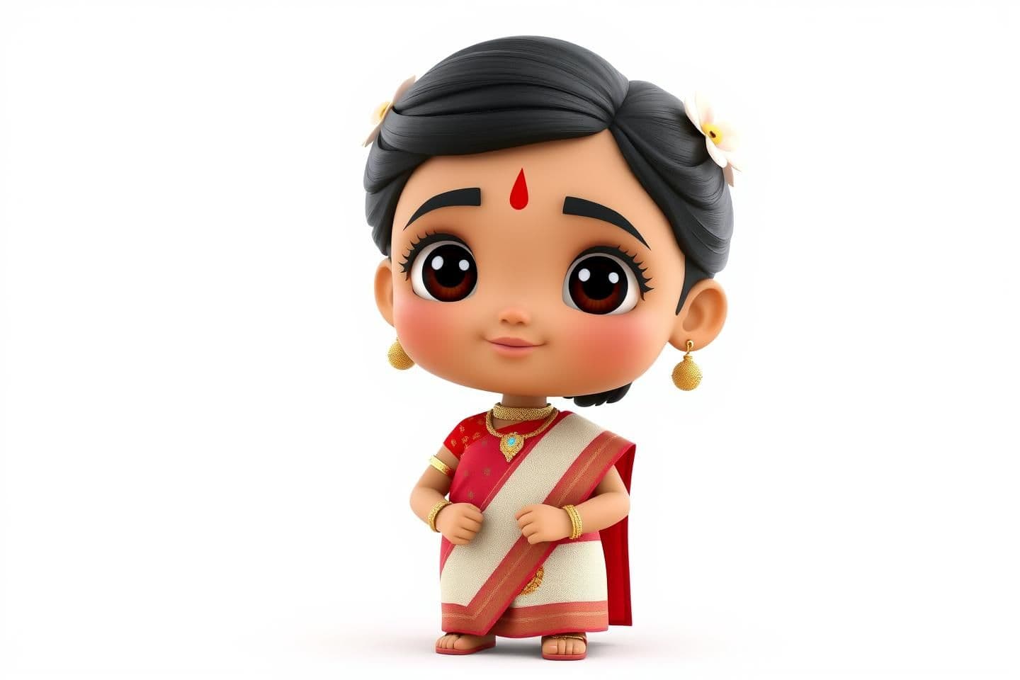 AI generated: A cute 3D Bengali girl character, wearing a small red and white Saree, a red bindi on forehead, flowers in hair, big black eyes, wearing traditional jewelry, adorable expression, v