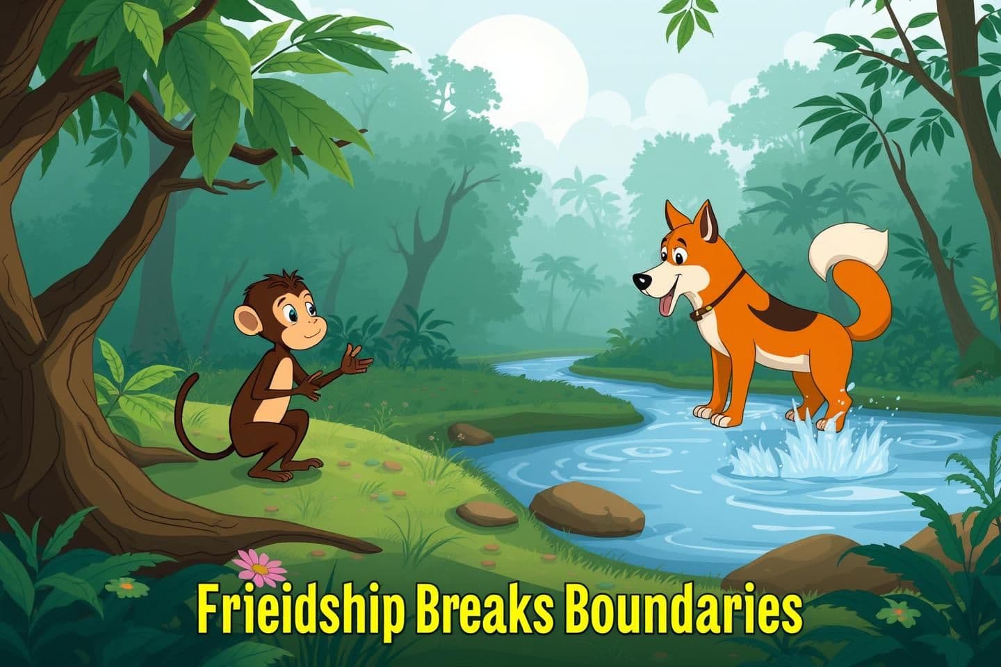 AI generated: IMPORTANT: Generate with all text in Hindi script only. In the jungle, Mitthu, a monkey, and Bholu, a dog, were friends. Mitthu jumped on trees, Bholu ran on trees. One day, a blee