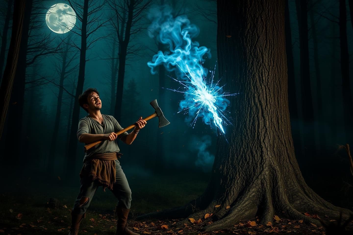 AI generated: A dark haunted forest at night inside deep mountains, dim moonlight passing through fog. A poor woodcutter wearing torn simple clothes holds an axe, looking terrified. Behind him s