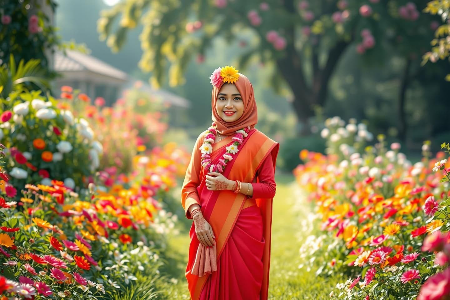 AI generated: A stunning 3D-rendered scene of a beautiful lush garden filled with colorful flowers, soft sunlight, gentle breeze, and a peaceful environment. In the middle of the garden stands a