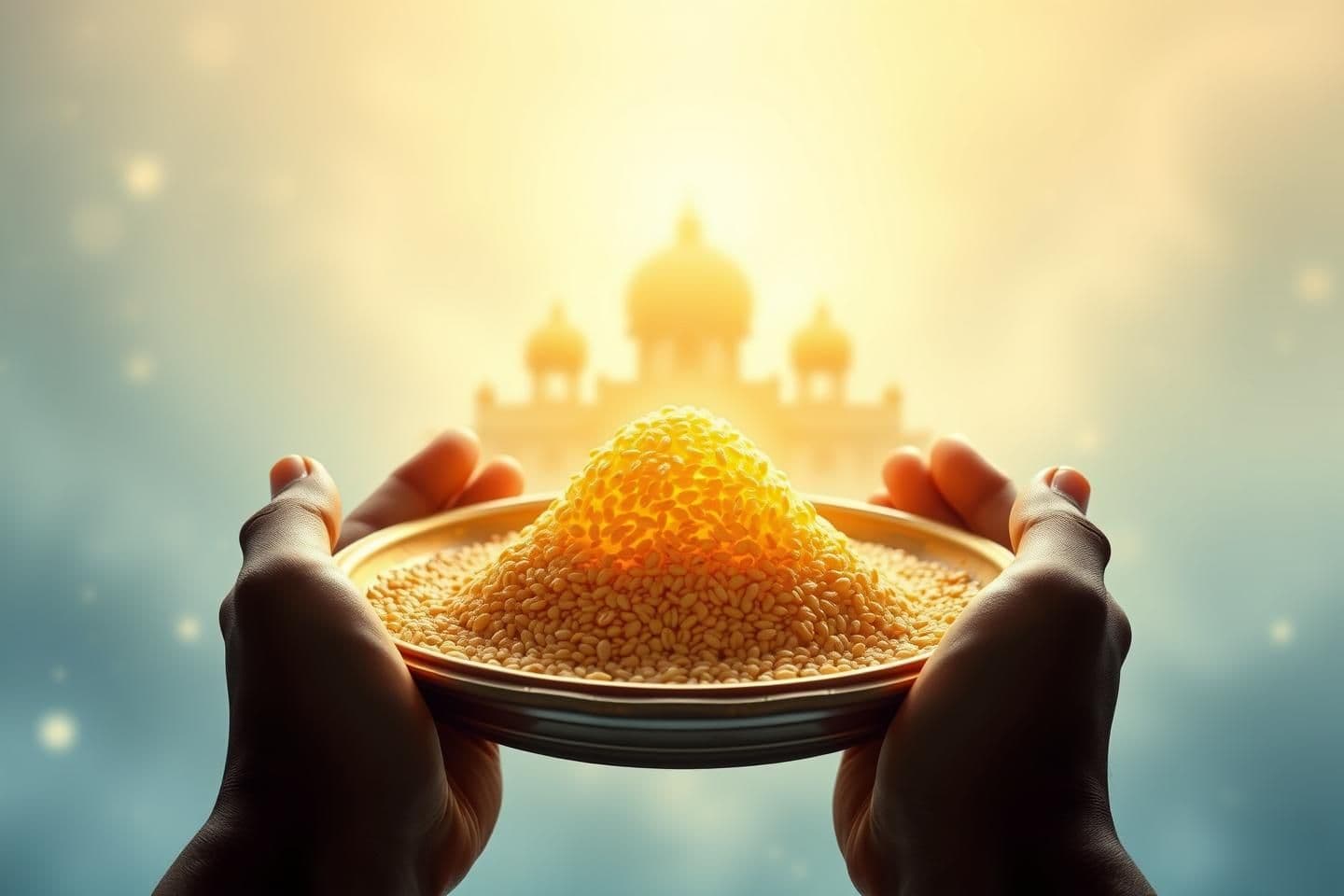 AI generated: A sacred 16:9 Sanatan Dharma–inspired thumbnail: a glowing sesame-seed mountain (til parvat) placed on a simple traditional plate, illuminated by soft golden divine light; only a p