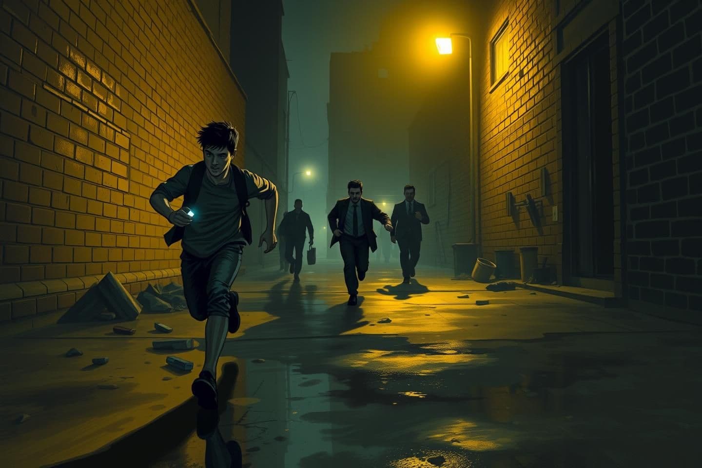 AI generated: "A tense nighttime city scene in a dimly lit alley. Two young men are sprinting—one slightly ahead clutching a small glowing flash drive, the other close behind, fear and determina