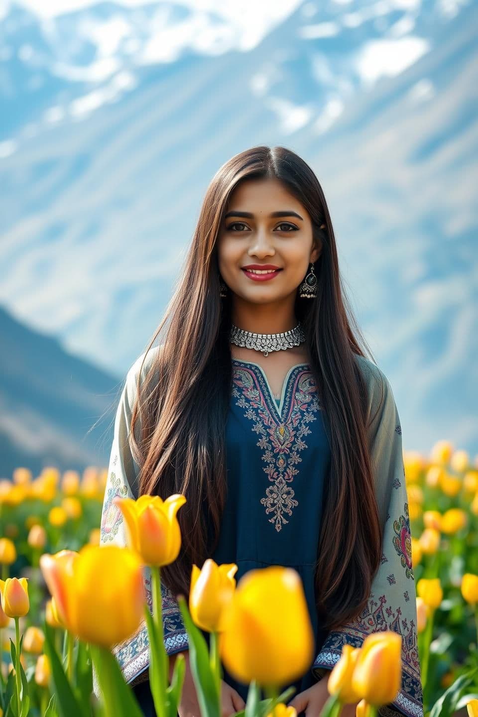 AI generated: Ultra-realistic portrait of a young beautiful Kashmiri girl standing in a valley with blooming tulip garden, wearing traditional Kashmiri pheran with elegant embroidery, silver jew