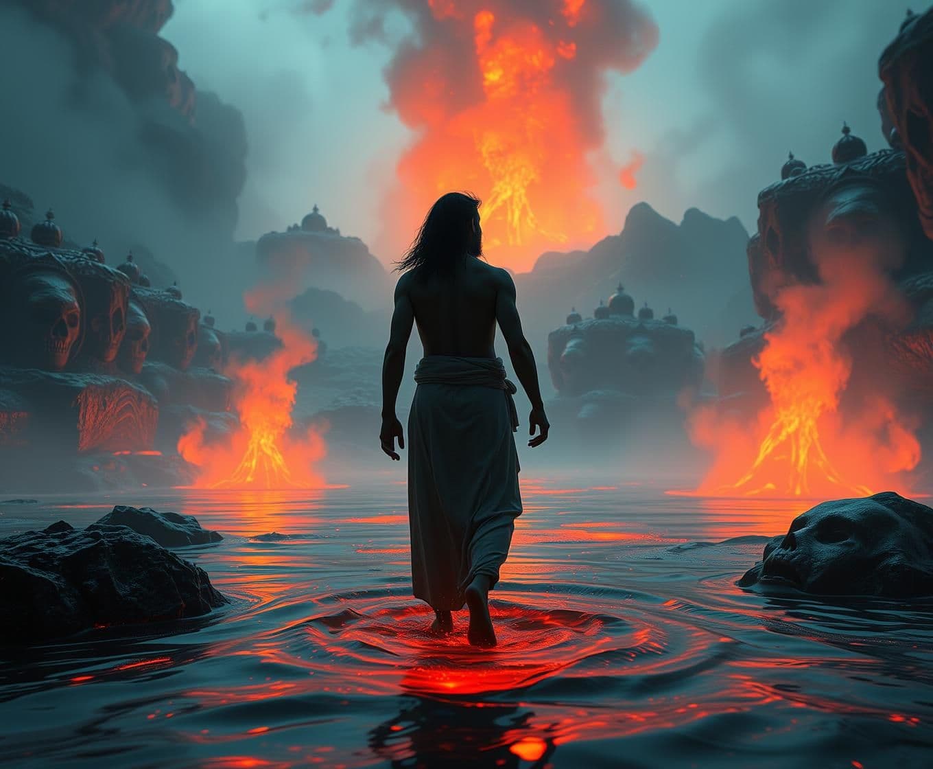 AI generated: ultra realistic 3D anime style, soul standing before glowing molten river (Vaitarni), red-orange mist, souls screaming in the water, Yamdoots watching from behind, the soul chantin