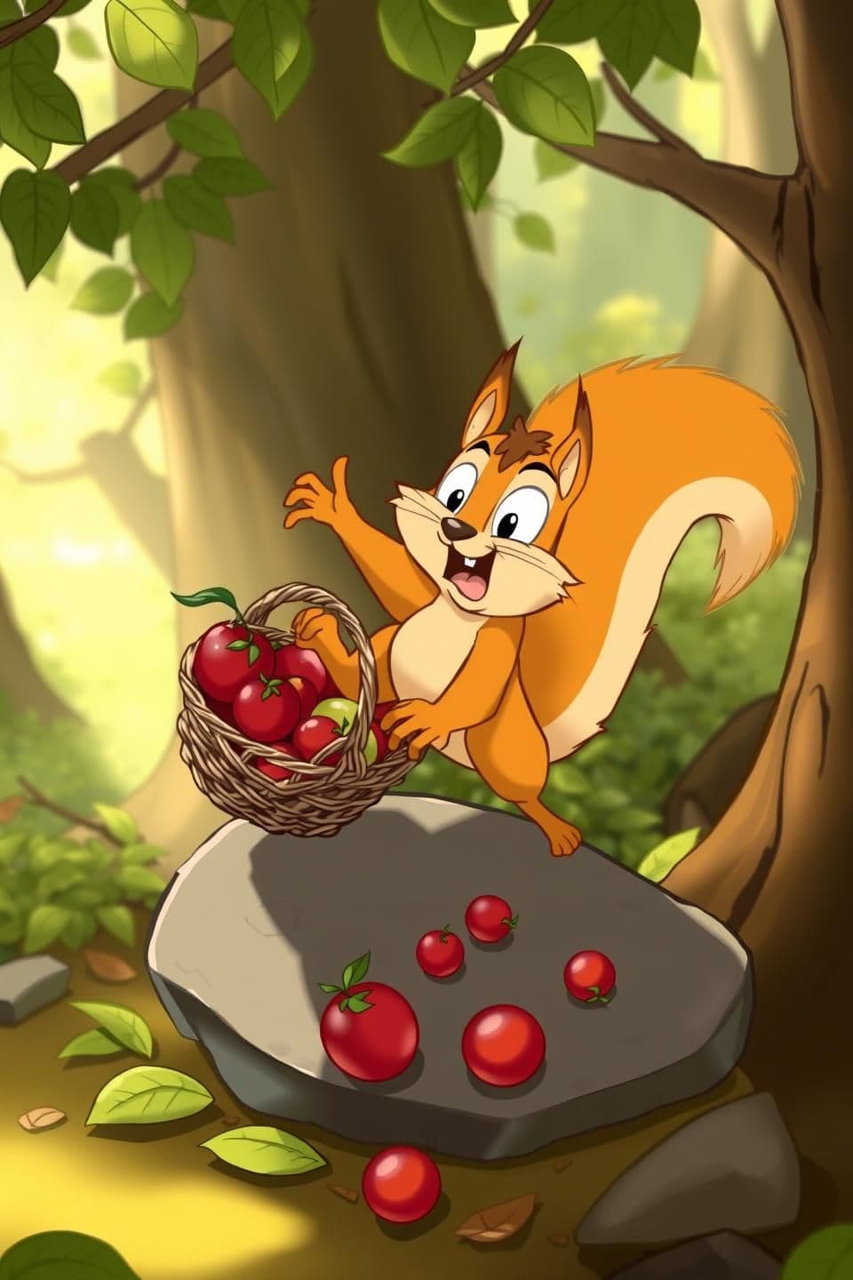 AI generated: The squirrel slipping and falling from a small rock, fruits flying out of the basket and scattering across the ground. The squirrel has a surprised expression, dynamic motion, fore