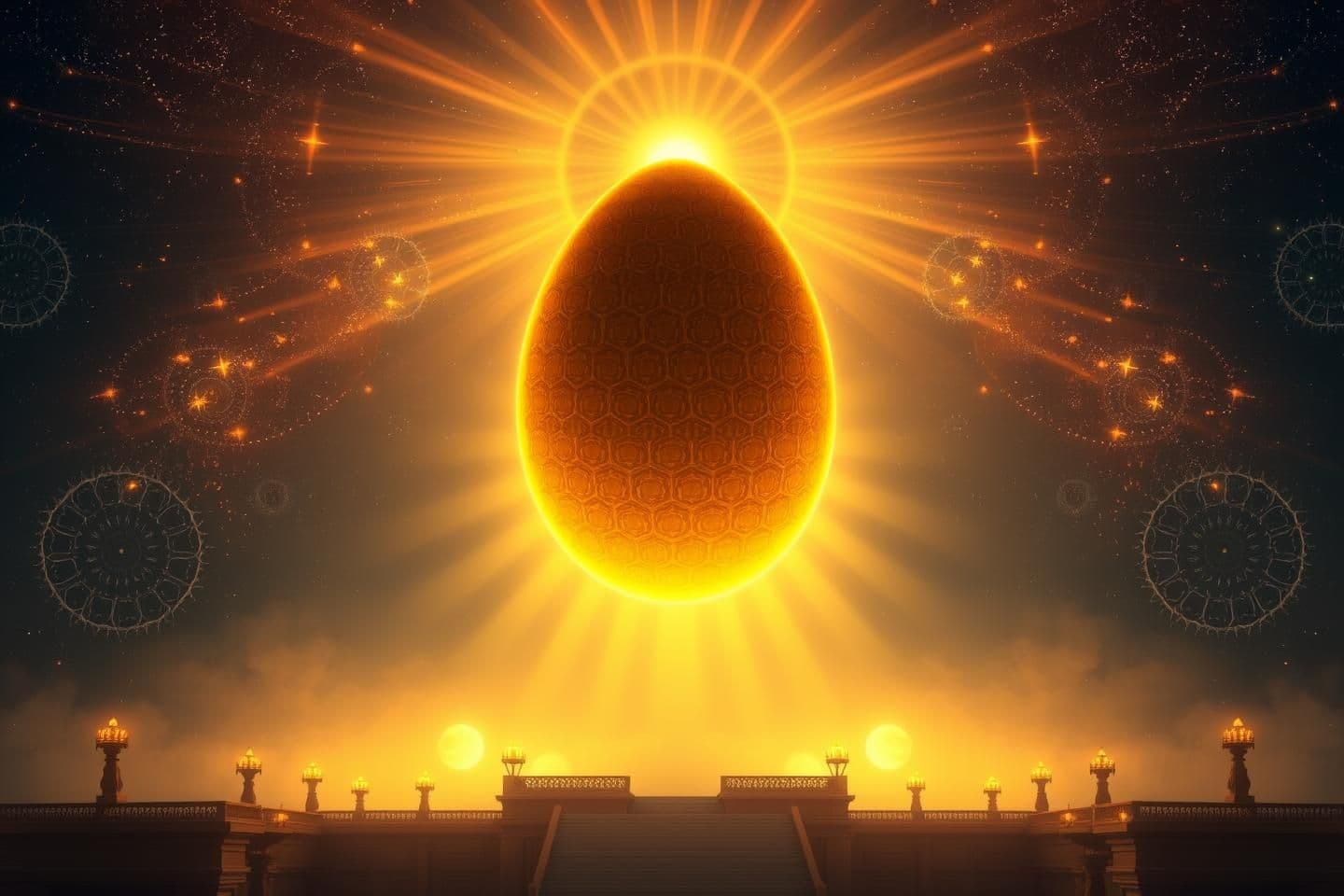 AI generated: A divine 16:9 thumbnail showing the sacred "Hiranyagarbha" — a glowing golden cosmic egg floating in a radiant spiritual aura. The egg emits soft golden rays symbolizing the origin