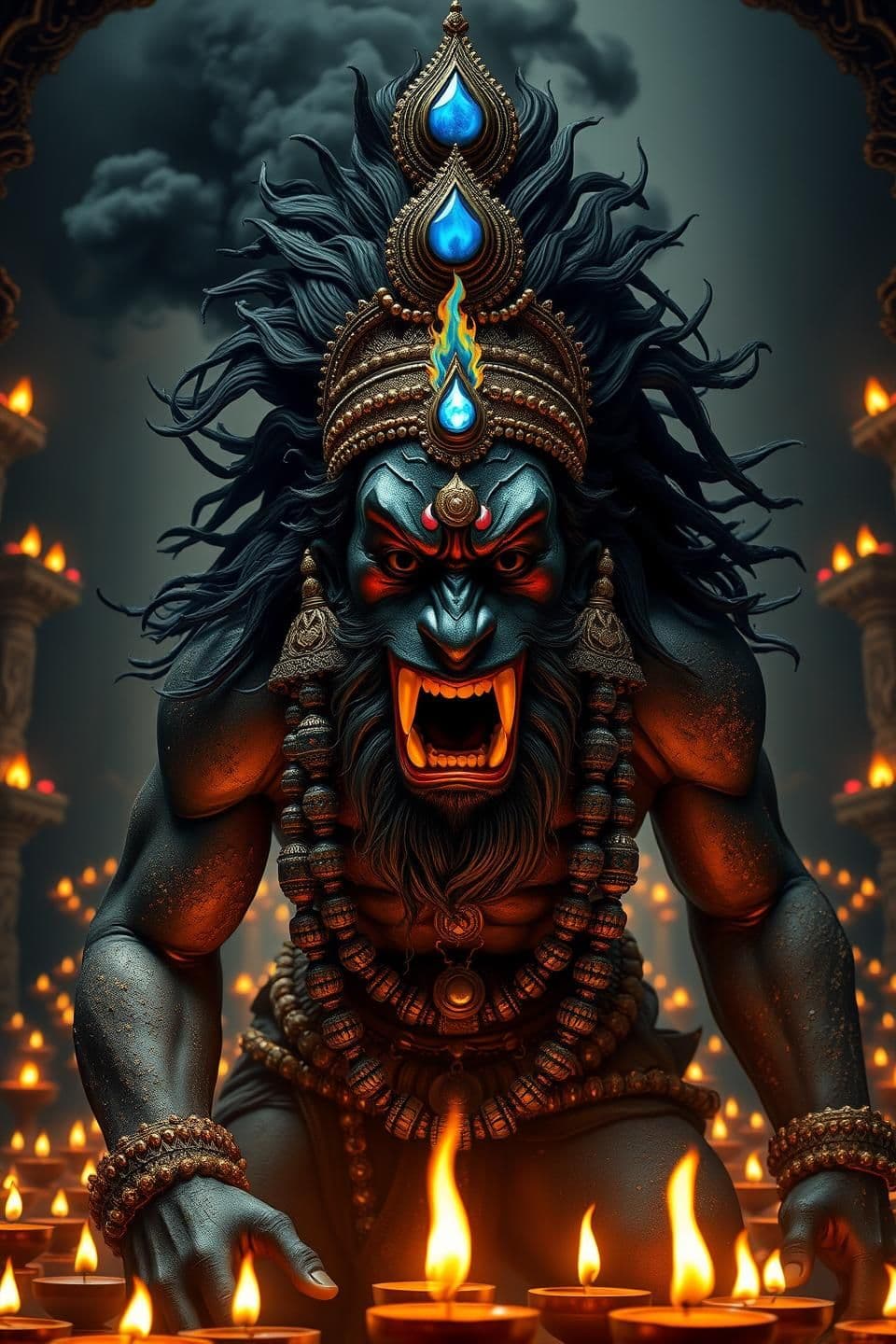 AI generated: Ultra-realistic angry Rudra Hanuman in Mahakal form.
Black smoke behind him, trinetra (third eye) opening with fiery blue flame.
Body covered with sacred ash, Vibhuti, and glowin