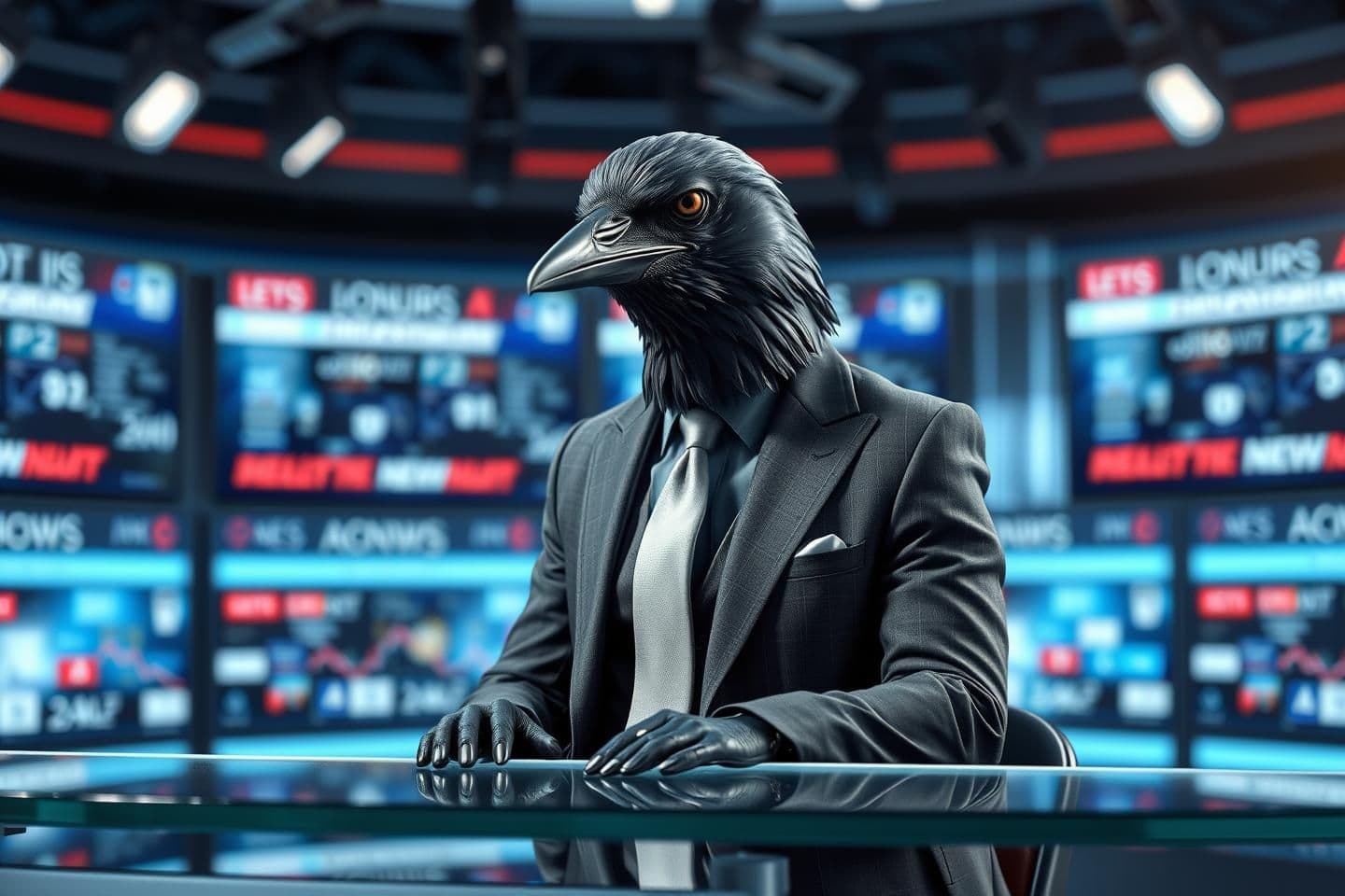 AI generated: A hyper-realistic crow wearing a tailored charcoal grey business suit and a silk tie, sitting behind a sleek glass news desk. Professional news studio background with blurred digi
