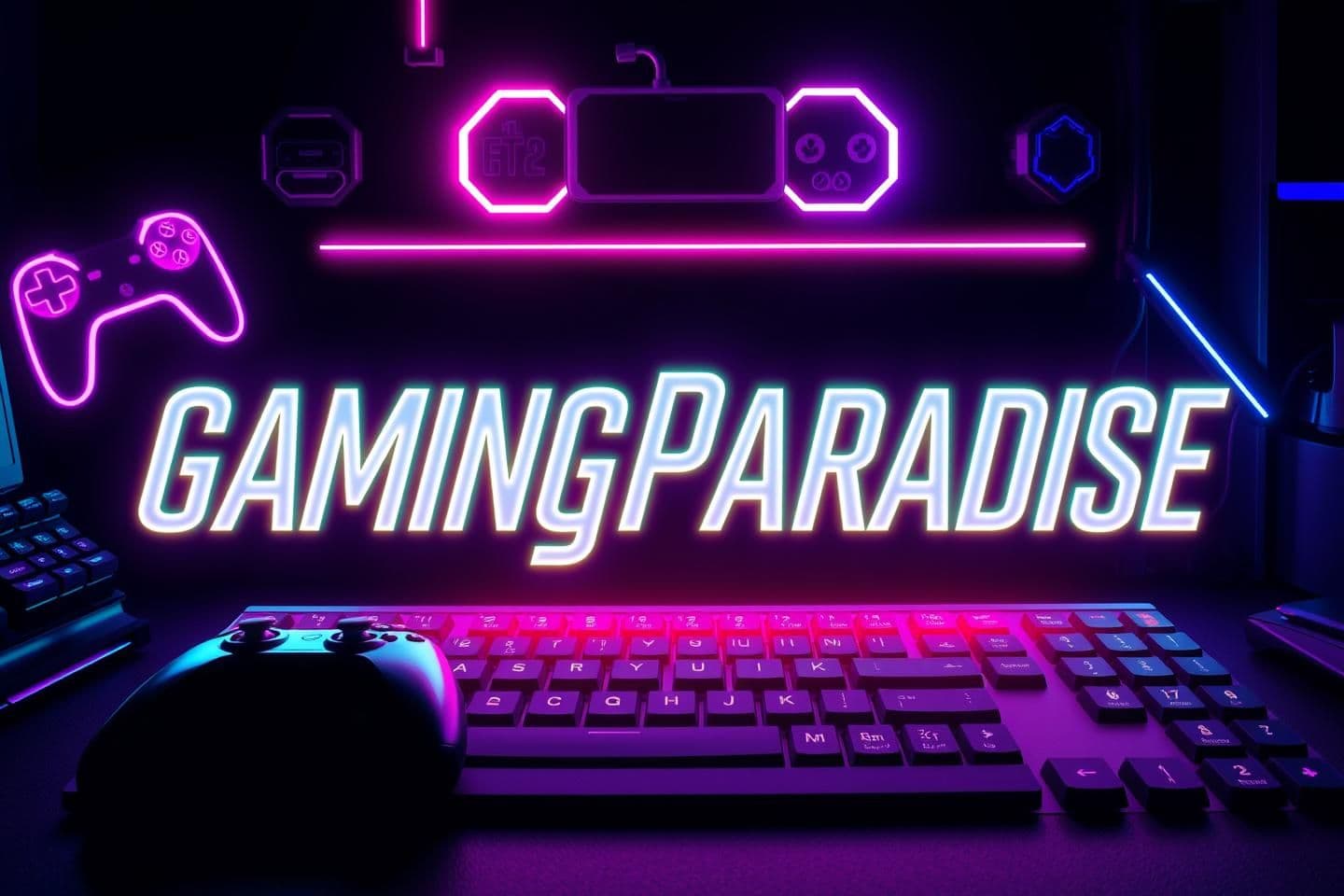 AI generated: A high-quality Discord server banner for a gaming community named “GamingParadise”, futuristic neon theme, vibrant atmosphere, glowing text “GamingParadise” in bold modern gaming f