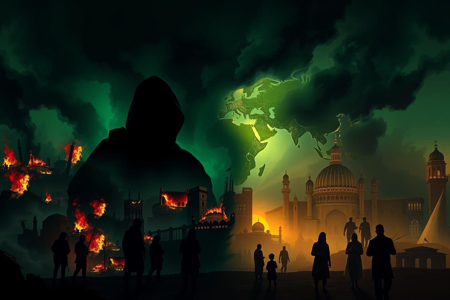 AI generated: Create a dark cinematic illustration showing the world divided into two contrasting halves. On the right side, depict violent extremism as deep-green shadows—hooded silhouettes, ma