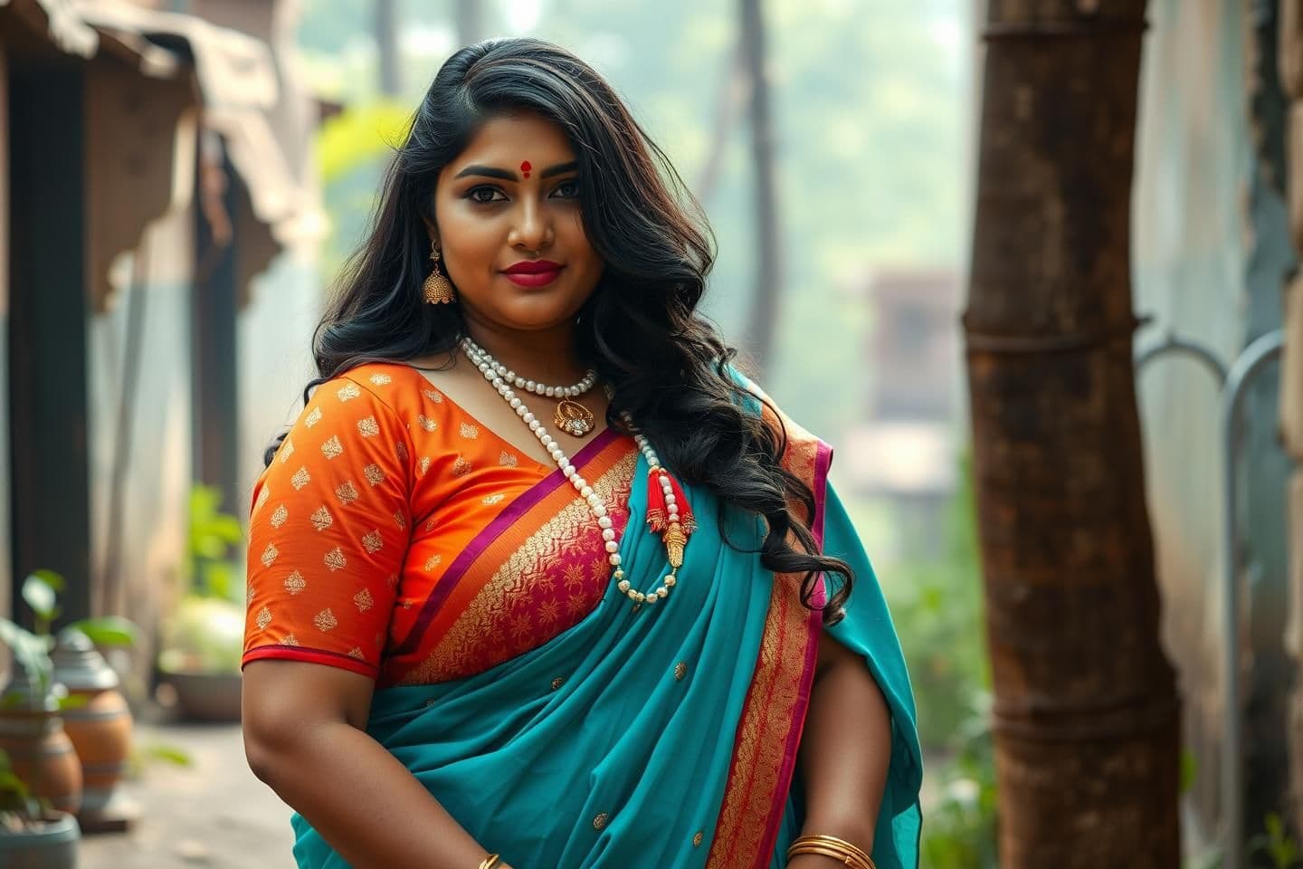 AI generated: "Roopvati Mehak : Fair skin tone, curvy plus-size body, confident personality, wearing orange printed short-sleeve blouse and turquoise lehenga, gold bangles, pearl earrings, long
