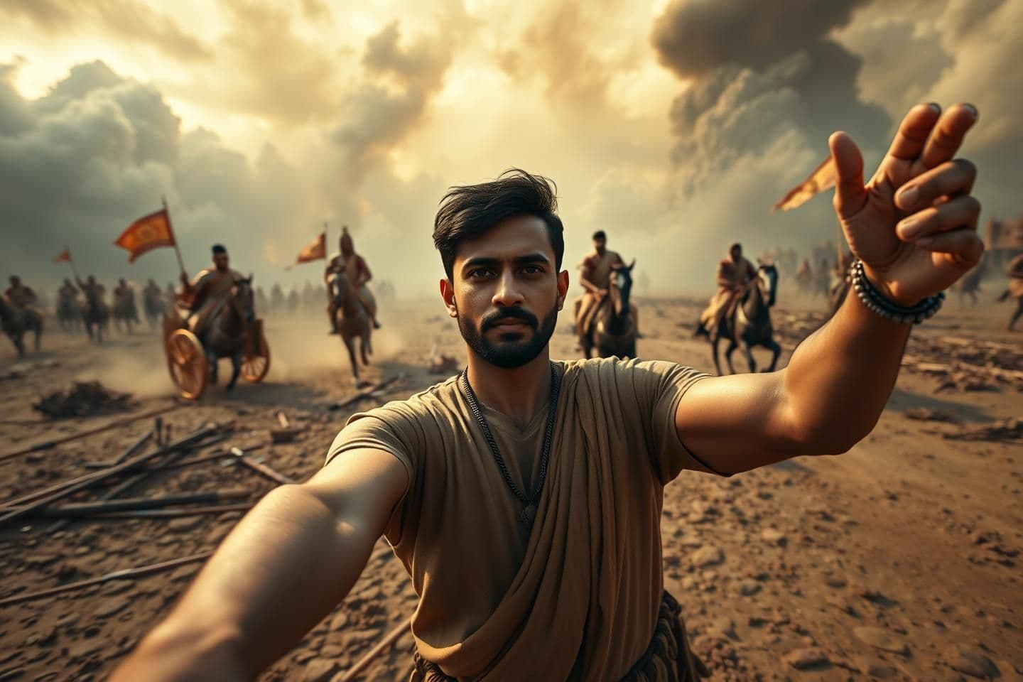 AI generated: Ultra-realistic 8K cinematic YouTube thumbnail showing an Indian male vlogger standing in the Kurukshetra battlefield. His arm is extended forward as if holding a selfie stick (cam