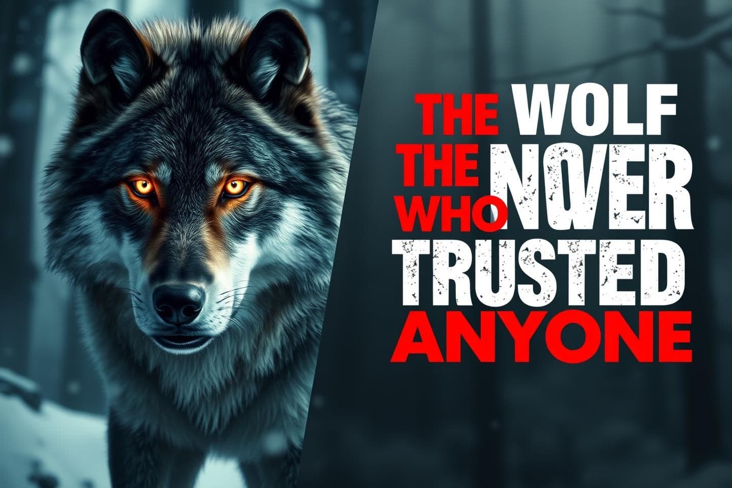 AI generated: Split thumbnail for YouTube: Left side shows a large, photorealistic wolf looking slightly toward the viewer, highly detailed fur, realistic facial features and muscles, glowing pi