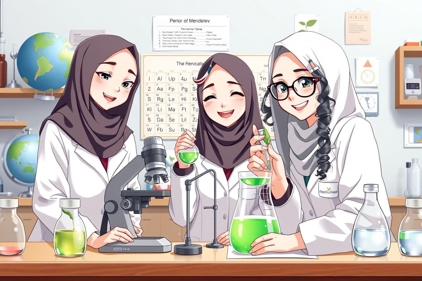 AI generated: Three female students wearing school hijabs and school coats in a science laboratory, smiling happily. The student on the right has curly hair partially visible from her hijab, gla