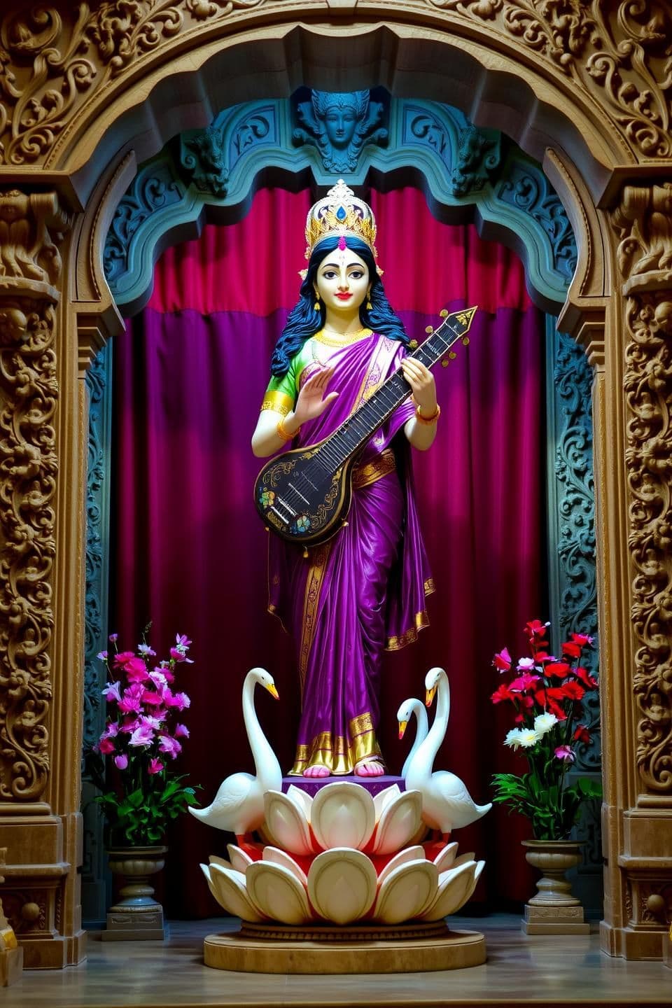 AI generated: A full-length statue of Saraswati, the Hindu goddess of knowledge, music, arts, wisdom, and learning, stands in the center of the frame. She is depicted as a young, light-skinned w