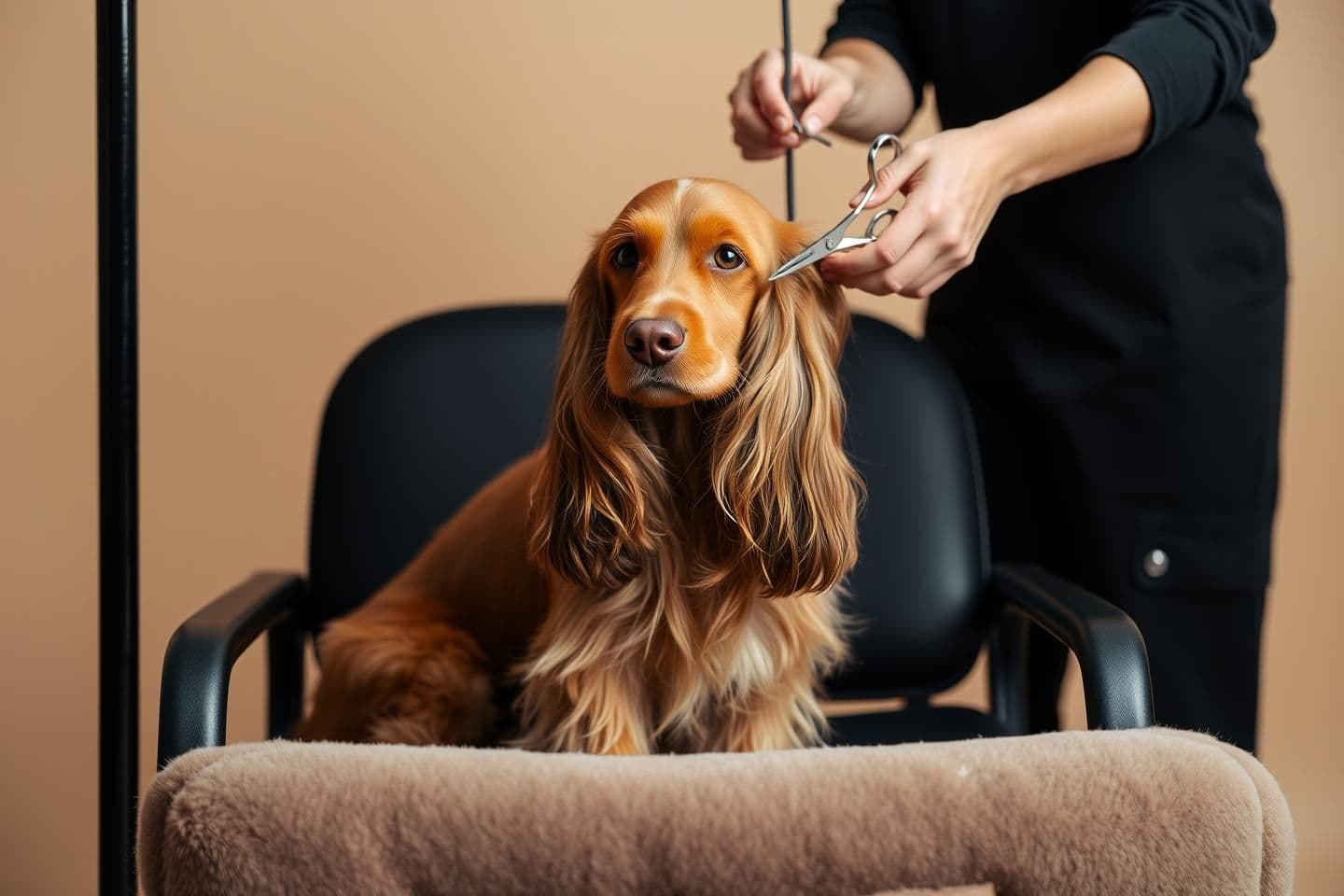 AI generated: “Studio-style photograph of a long-haired brown dog, similar to an Irish Setter, calmly sitting on a black grooming chair. Two groomers’ hands are visible: one gently holding the d