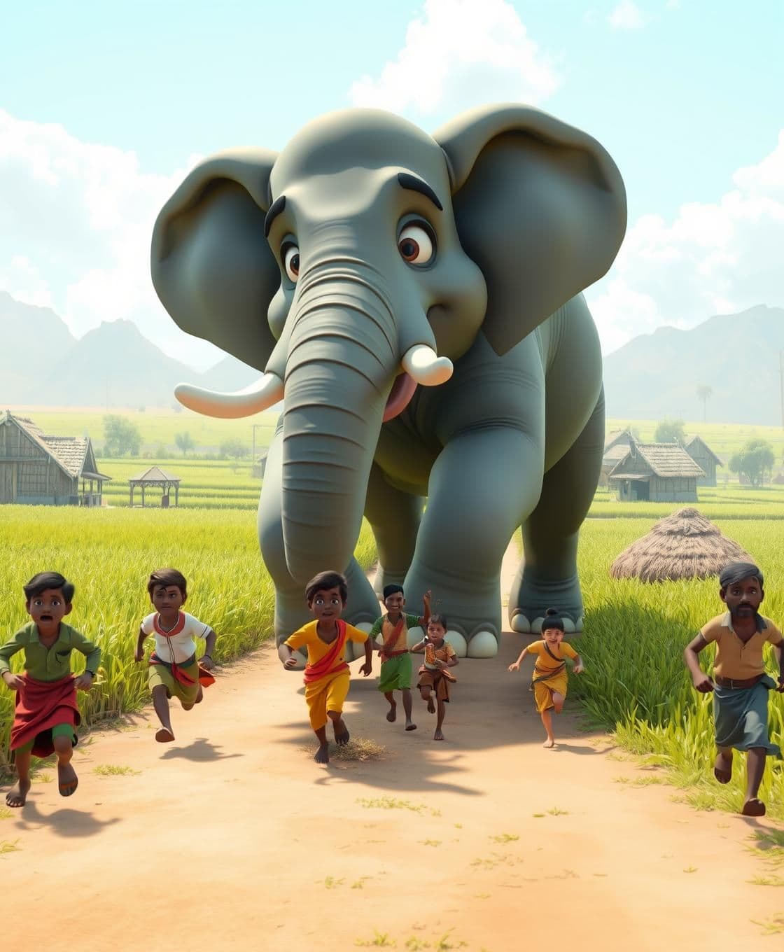 AI generated: A huge 3D cartoonish elephant suddenly entering a green Indian village farm, villagers running away in fear, fields of wheat and huts in background, bright sunny day, rural Indian