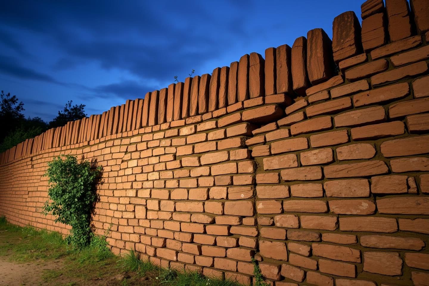 AI generated: create a front view image of olden days period traditional rock brick straight fencing wall with dark evening effect in which the walls had a large cracks and broken at some place