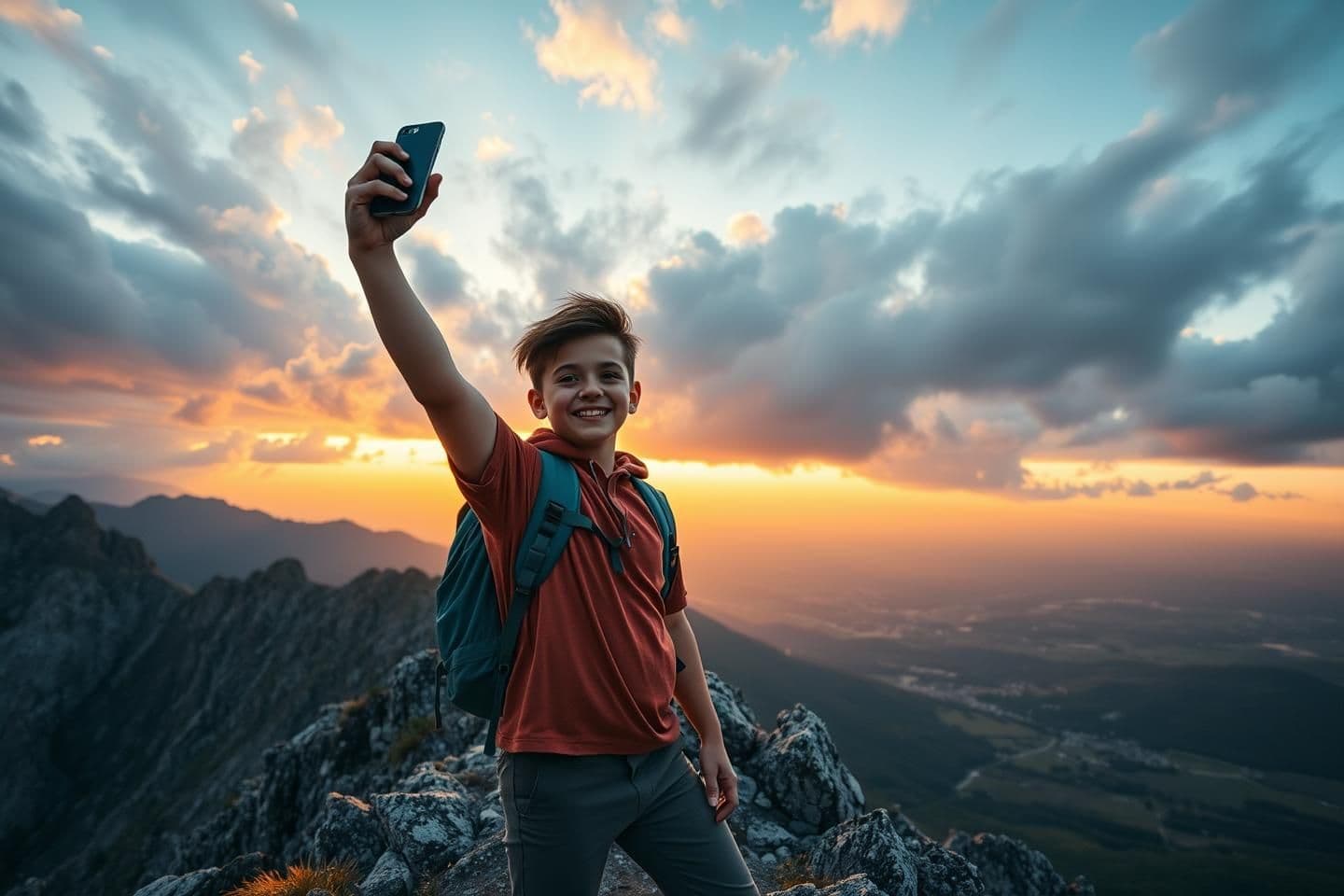 AI generated: "A young adventurous hiker standing triumphantly on a rugged mountain peak at sunset. The person is holding a smartphone high to take a wide-angle selfie, capturing their excited
