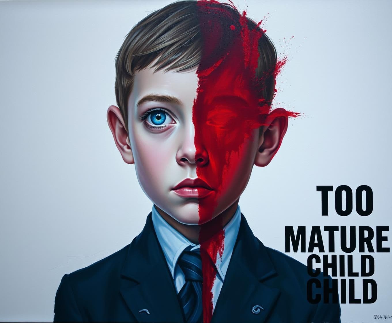 AI generated: Oil painting portrait of a serious 10-year-old boy in formal suit and tie, face vertically split in half: left side painted in cold cyan-blue tones with wide innocent eye, right si