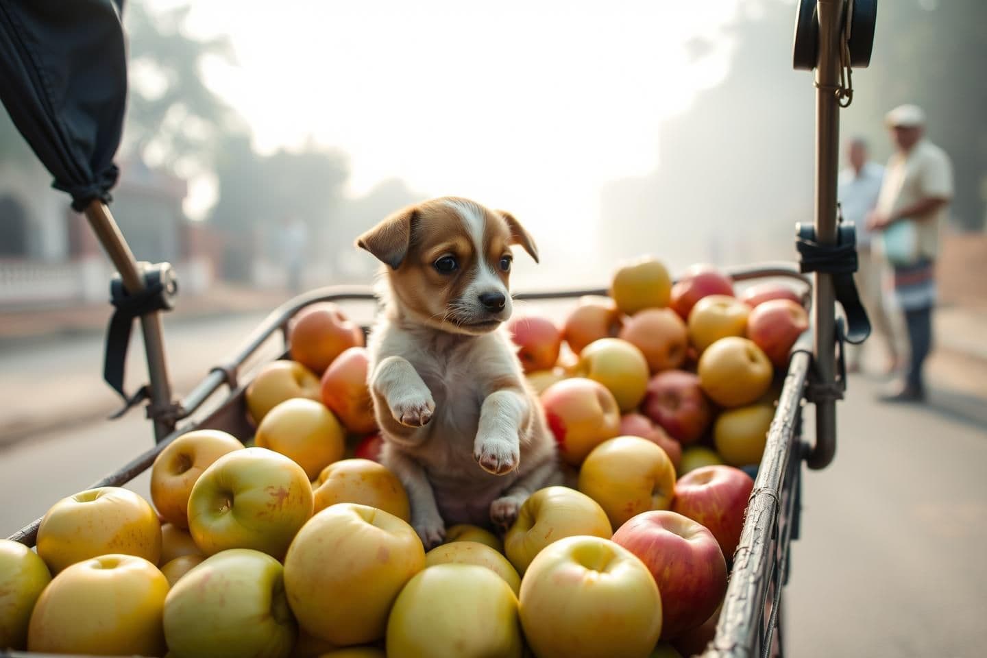 AI generated: In the morning's cool breeze, a small puppy sat on a rickshaw cart, loaded with apples. Its little paws were trembling, but it didn't even take a bite of the apple. Passersby smile