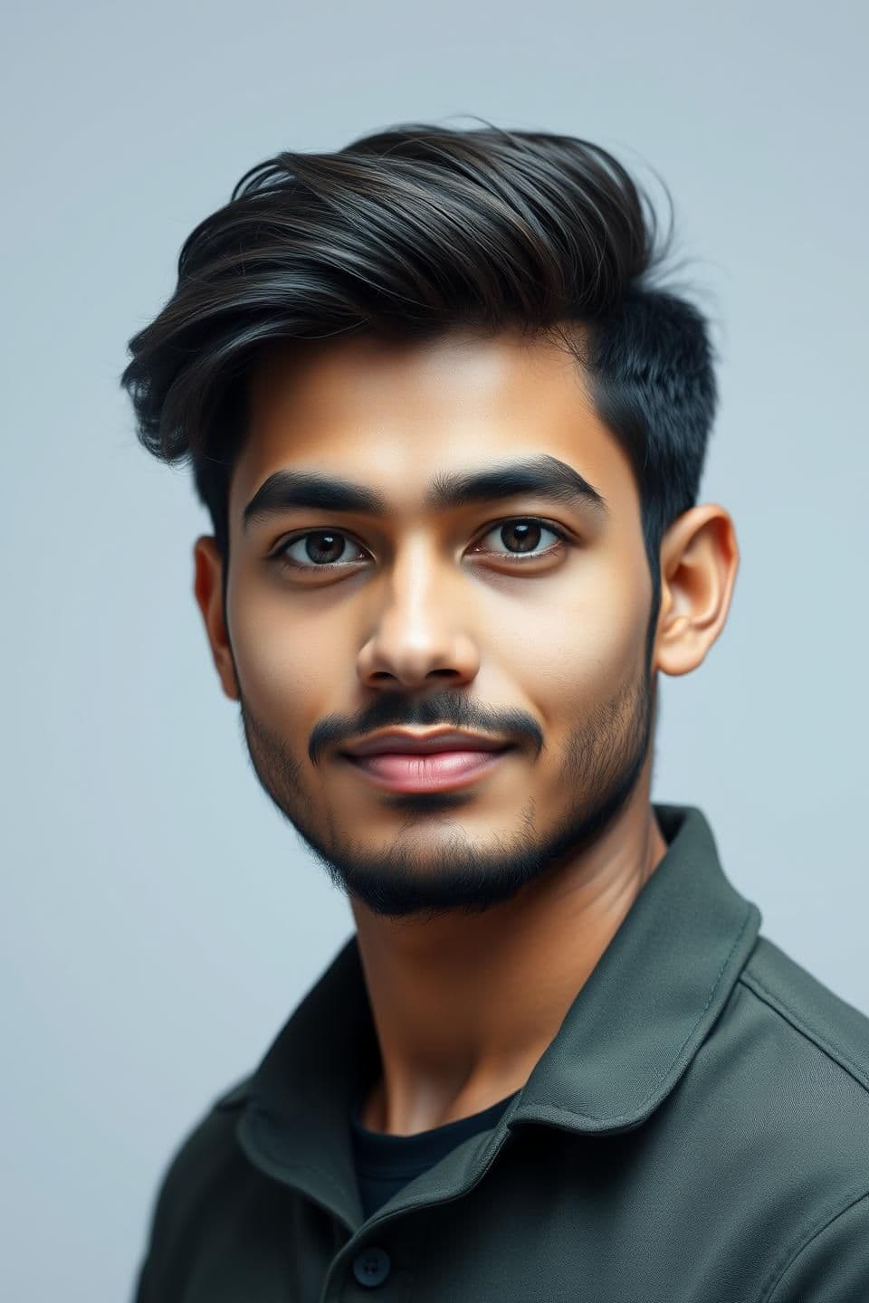 AI generated: “A high-resolution studio-style portrait of a 21-year-old man looking forward. Clean, soft studio lighting, sharp details, and natural skin texture. In the background, create a smo
