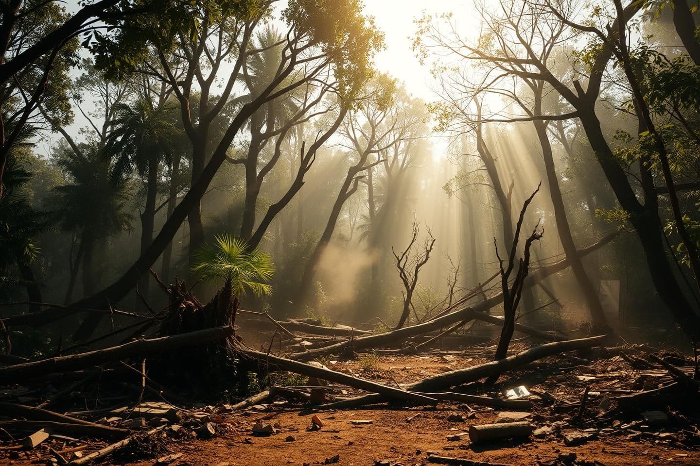 AI generated: A chaotic and destroyed jungle during the day, with no people in the scene. The forest is in ruins: broken trees, fallen branches, scattered debris, and dust floating in the air. S