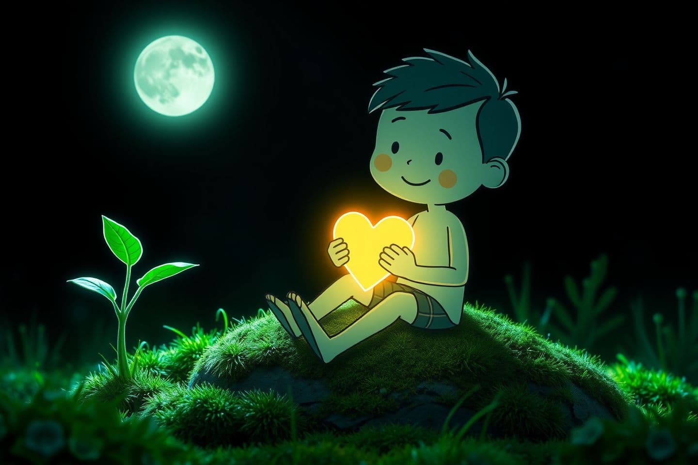 AI generated: The image presents a whimsical scene where a digital illustration of a boy sits on what looks to be a moss-covered rock, surrounded by lush greenery. The lighting within the image