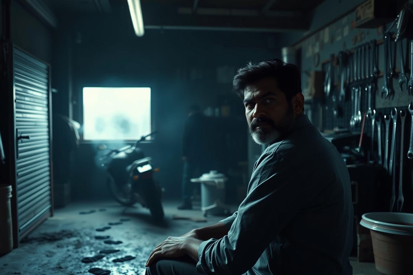 AI generated: “Ultra-realistic 16:9 cinematic frame showing an Indian man sitting alone in a dim, eerie garage workshop at night. He is slightly turned toward the camera, as if telling a horror