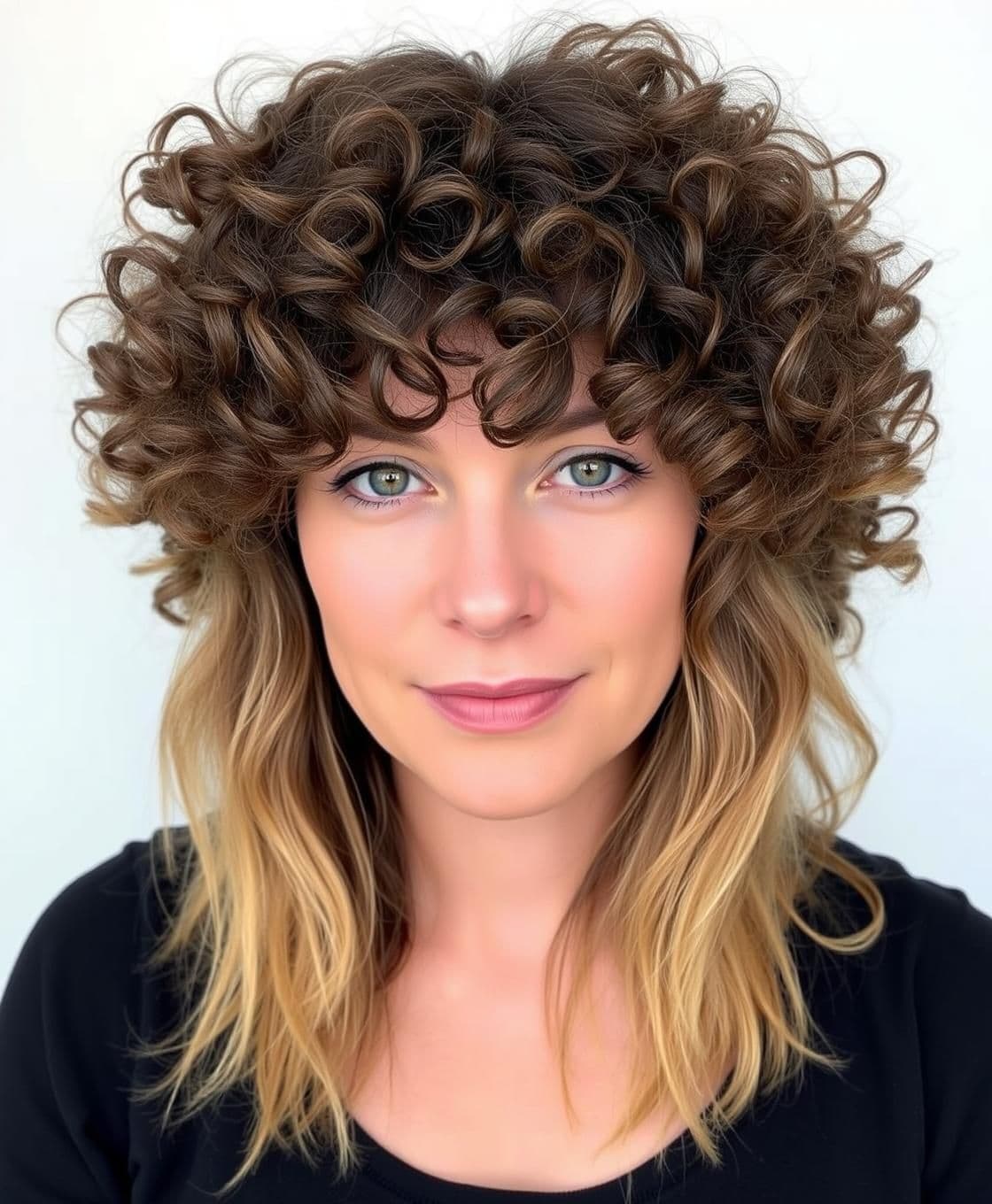 AI generated: Realistic curly hairstyle for a woman with frizzy, undefined curls ( not very much curly hair) , length below shoulders but above waist, square face. Hair has long soft layers star