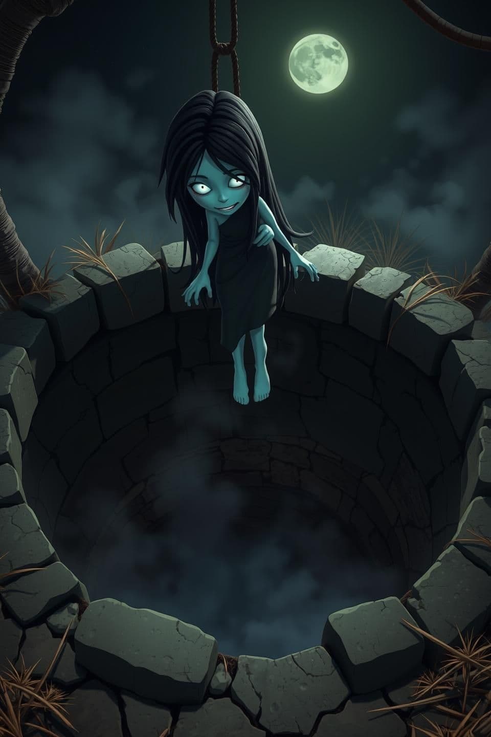 AI generated: A terrifying old Indian well (scary kuan) at night, 3D cartoon horror style. The well is deep, broken, and surrounded by cracked stones and dry grass. From above the well, a scary