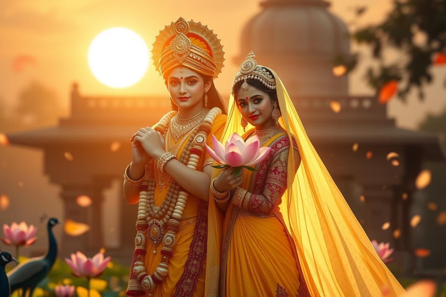 AI generated: A serene devotional cinematic background for 16:9 video editing, Radha Rani standing gracefully, divine glowing aura, soft golden sunrise light, Vrindavan temple background, peacoc