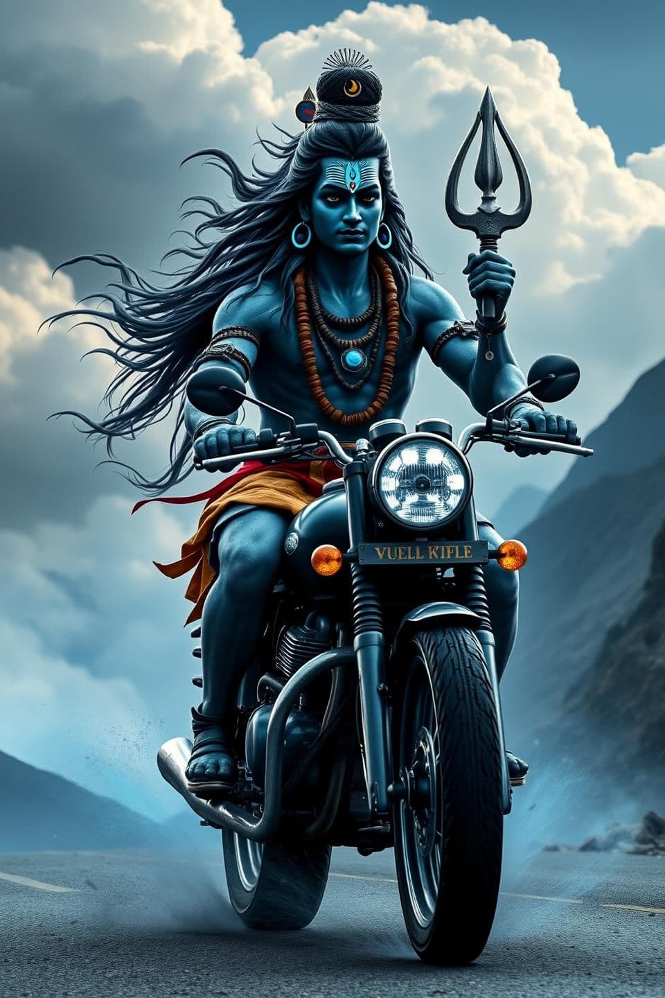 AI generated: Lord Shiva (Mahadev) riding a Royal Enfield Bullet motorcycle, divine and powerful appearance, ash-smeared body, long flowing hair, crescent moon on head, glowing third eye, blue t