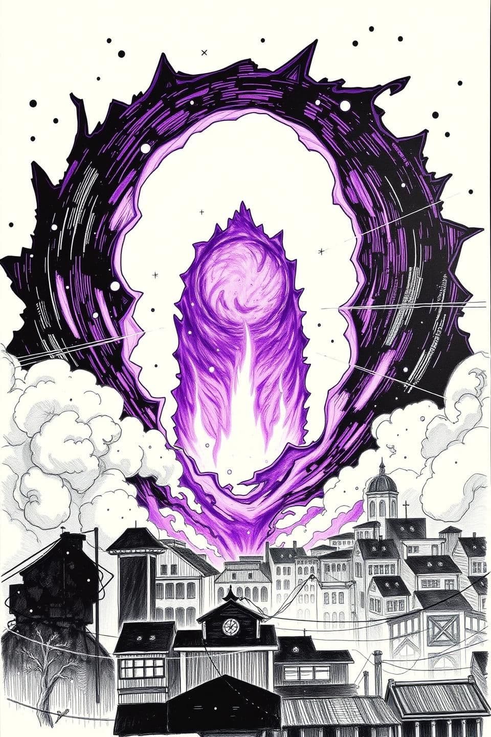 AI generated: P1.1 (Wide, Perspective Shot) 1. Focal Point: Ek vishaal, purple-black energy portal aakash mein. Iske edges jagged aur unstable hain (rough, textured pen strokes). 2. Lighting: Po