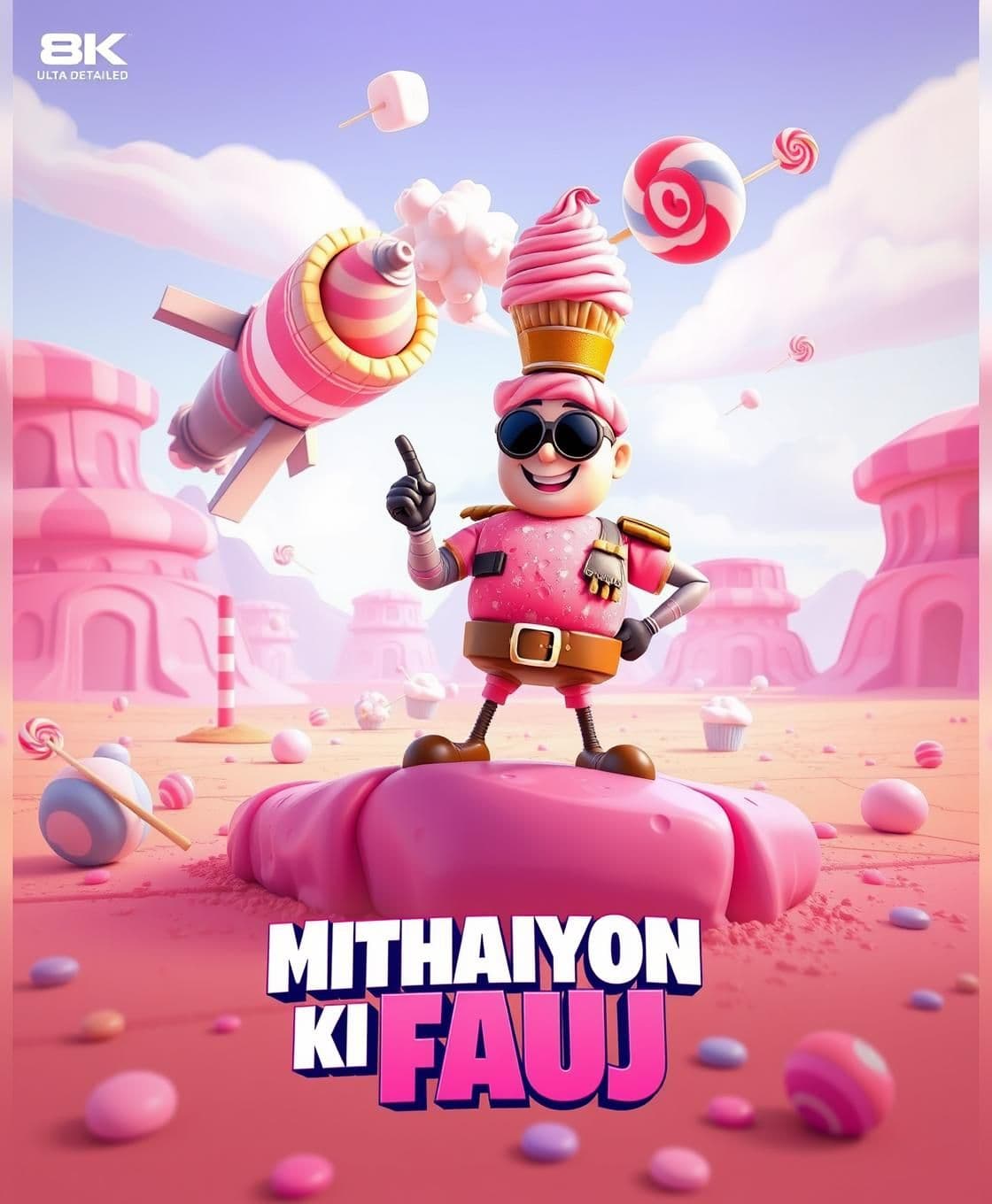 AI generated: Bright and colorful cartoon poster style, pink candy battlefield background, giant candy missile launcher made of cupcakes and jelly, donut soldier posing hero style, cupcake capta